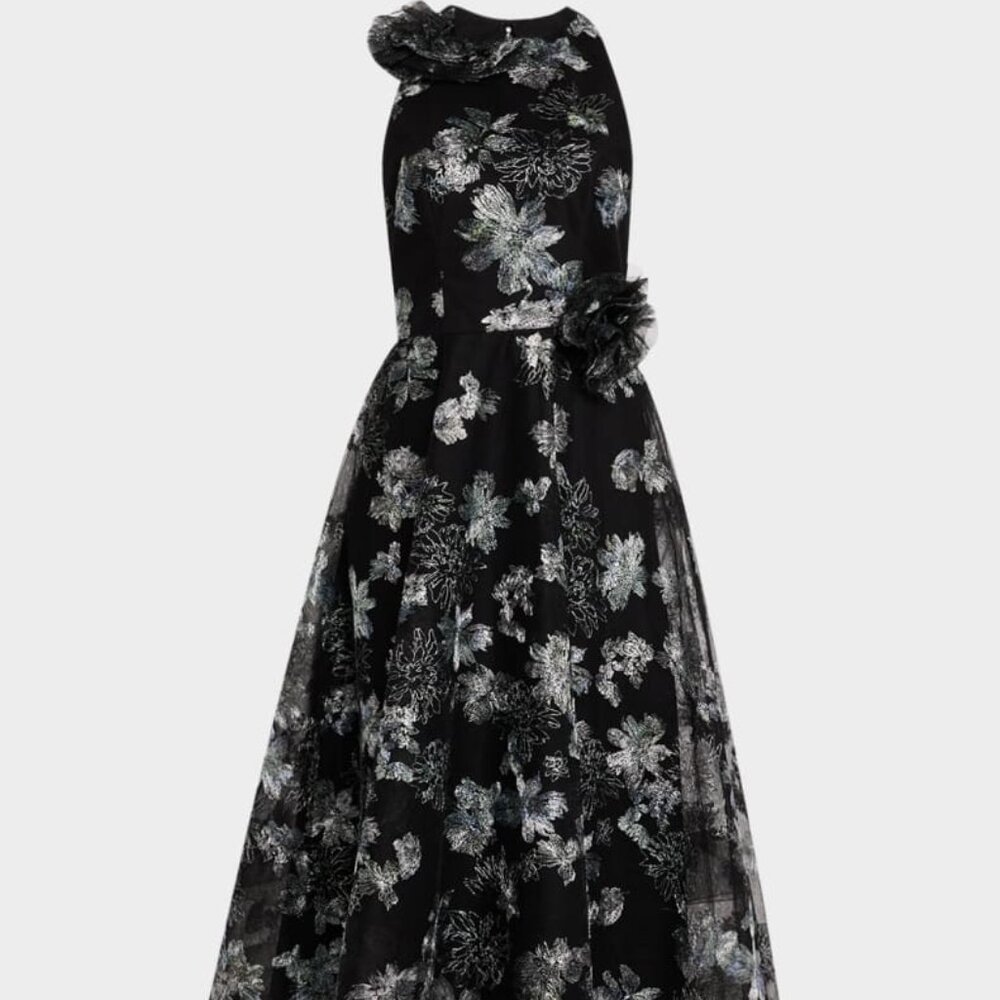 Rickie Freeman Teri John black silver metallic applique tulle midi dress size 4